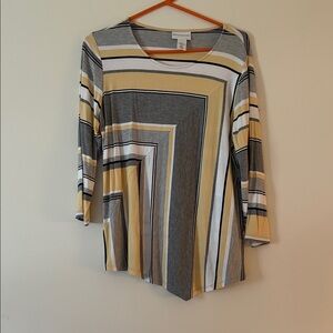 Alfred Dunner Yellow and Gray Striped Long Sleeve Top